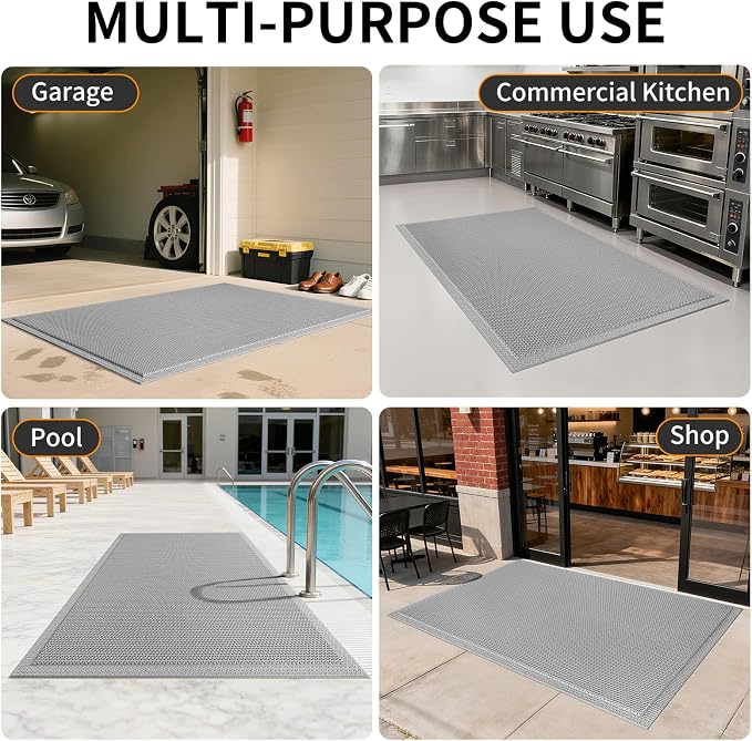 Front Door Mat 31''x47'', Drainage Heavy Duty Dirt Trapping Non-Slip Doormats, Outdoor Rubber Floor Mats, Restaurant Commercial Kitchen Industral Pool Entrance Bar Wet Area, Grey