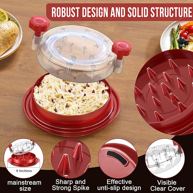 SoulLife Chicken Shredder Tool Twist 8 Inches, Chicken Breast Shredder, BPA free, Food Safe Material, Meat Shredder, Clear Lid, Ergonomic Handle, Strong Anti-slip, Easy to Clean, Dishwasher Safe (Red)