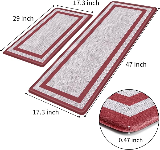 Mattitude Kitchen Mats Set of 2 Cushioned 0.47 inch Thick Rugs Non-Skid Waterproof Mats and Ergonomic Comfort Standing for Floor, Office, Sink,Laundry,Red