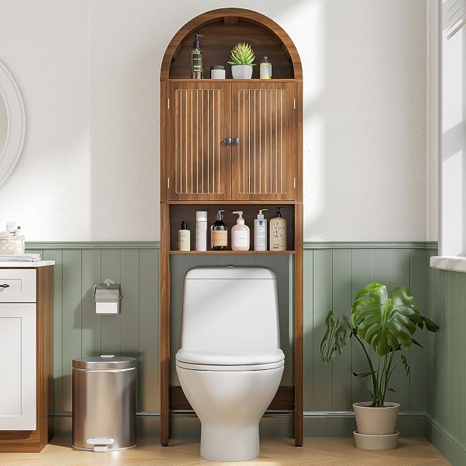 Arched Over The Toilet Storage Cabinet with Fluted Doors, 4 Tier Small Bathroom Shelf Organizer, Mid Century Modern Bathroom Cabinet with Adjustable Shelf, Slim Narrow Arch Toilet Rack, Walnut