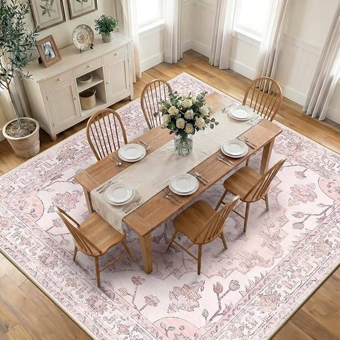RELEANY Area Rugs Square 10ft Washable Non-Slip, Floral Vintage Distress Medallion Carpet for Living Room Bedroom Dining Room, Pink Greypink Cute