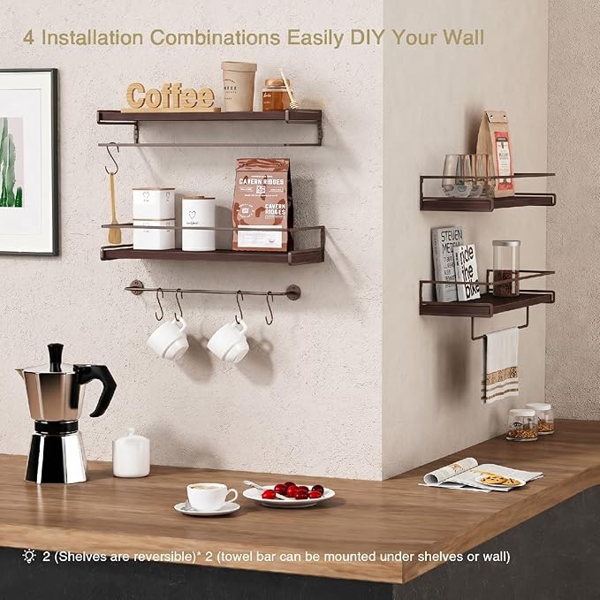 Forbena Dark Brown Kitchen Shelves Wall Mounted Set of 2, Walnut Brown Floating Kitchen Wall Shelves with Rail, Hanging Shelves for Kitchen Wall Coffee Bar (Wooden Pine Wood)