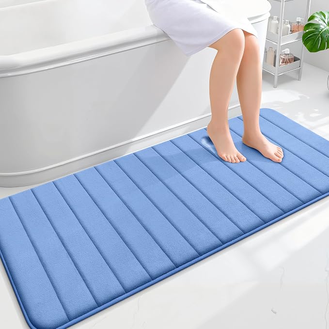OLANLY Memory Foam Long Bathroom Rugs Runner 59x24, Super Soft Absorbent Bath Mat, Quick Dry, Machine Washable Shower Rugs, Bathmat Carpet, Bathroom Home Decor Accessories, Cornflower Blue