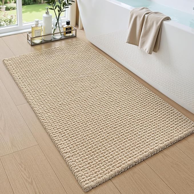 DEXI Bathroom Rugs 43x24, Non Slip Washable Bath Mat, Absorbent Chenille Bathmat, Ultra Soft Thick Carpet for Tub Shower Floor, Beige