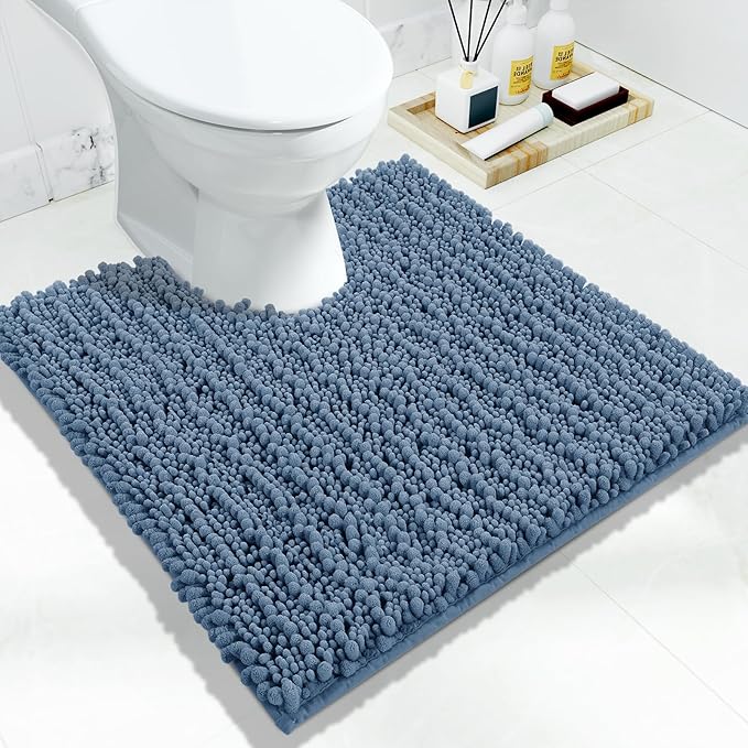 Yimobra Toilet Rug U Shaped Washable 24x24 Inch - Ultra Soft Absorbent Chenille Bath Rugs for Toilet, Quick Dry & Machine Washable, Non Slip Contour Bathroom Mat, Denim Blue