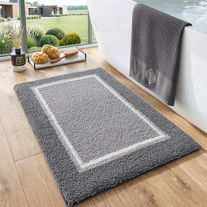 DEXI Bathroom Rugs 24x16, Absorbent Extra Soft Plush Microfiber Bath Mat for Bathroom, Non Slip Washable Bathmat Quick Dry for Shower Floor, Sink, Tub, Laundry Room, Light Grey