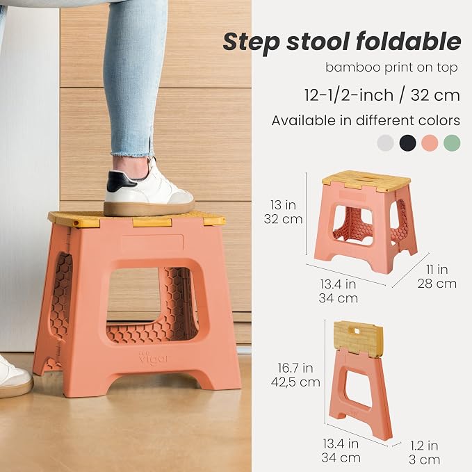 Vigar Compact Folding Step Stool - 12-1/2 Inch Foldable Step Stool for Adults, Lightweight Portable Stool with Handle, Non Slip Step Stool, Space-Saving Stool up to 330 lb- Orange, Bamboo Print Top