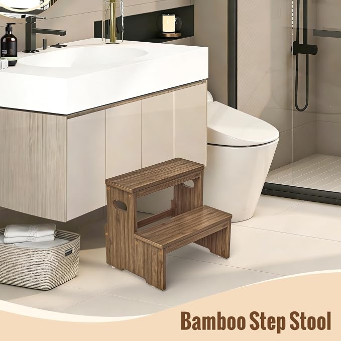 Two Step Stool for Adults and Kids, 450lbs Heavy Duty Step Stool, Bamboo Step Stool for High Beds, Portable Helper Step Stairs for Kids, for Kitchen, Bathroom, RV, Bedside Step Stool, Walnut