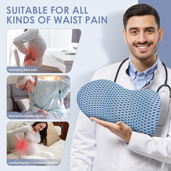 kasney Lumbar Support Pillow, Back Pillow for Low Back Pain Relief, Ergonomic Streamline Car Seat, Office Chair, Recliner and Bed (Blue)