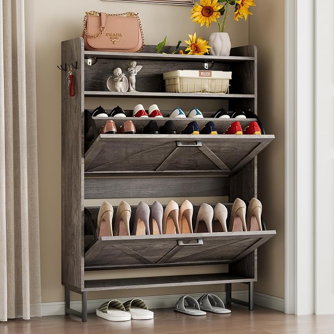 BORNOON Shoe Cabinet with 2 Flip Drawers Narrow Shoe Storage Organizer Wooden Freestanding Rack Hidden Slim Shoes Storage Cabinet for Entryway, Hallway, Living Room, Bedroom (Grey)