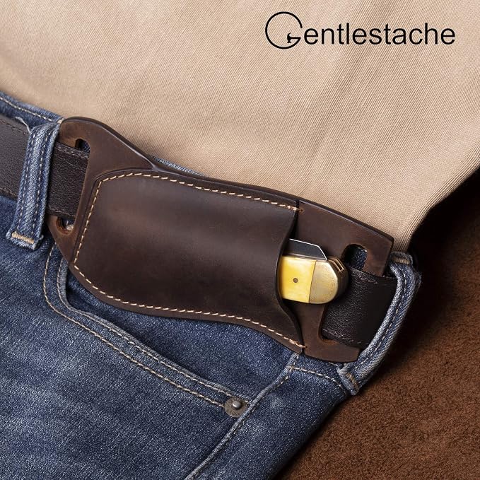 Gentlestache Leather Pocket Knife Sheaths for Belt, Folding Knife Sheath, EDC Belt Knife Sheath for Folding Knife, Compact Draw Knife Holster Darkbrown