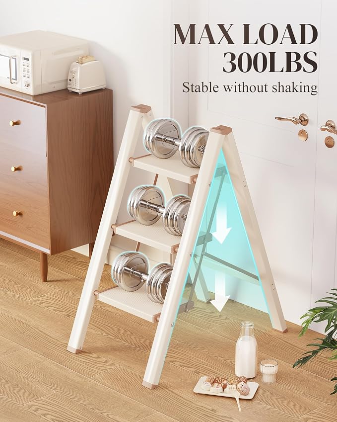3 Step Ladder, Folding Step Stool with Wider Pedal, Anti-Slip Feet & Non Slip Stripes, Aluminum Sturdy Material, 300Lbs Capacity, Elegant Look of Cream Chocolate Better Matches Your Home