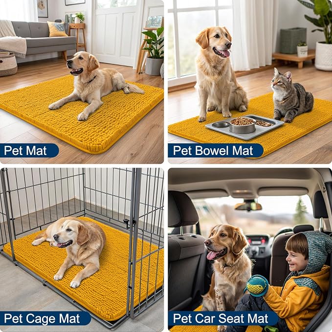 Smiry Dog Door Mat for Muddy Paws 40x32, Absorbent Dirt Trapper, Non-Slip Washable Chenille Entryway Rug for Inside Floor, Golden Yellow, Classic Solid