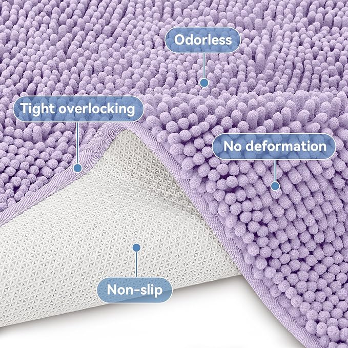 Bcoimo 36x24 Chenille Bath Mat – Non-Slip with Backing Bath Rug Ultra-Absorbent and Machine Washable Bathroom Mat Quick-Dry Design. Ideal for Bathroom Shower and Tub Areas