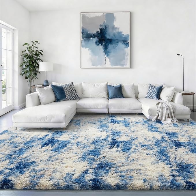 Ophanie 9x12 Blue and Gray Area Rugs for Living Room, Large Navy Grey White Fluffy Shag Fuzzy Plush Soft Carpets, Floor Shaggy Rugs for Bedroom, Carpet for Kids Boys Dorm Nursery Home Decor Aesthetic