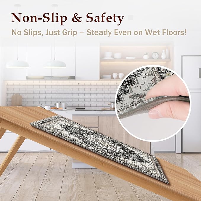 Boho Kitchen Mats for Floor 2 Piece Set Anti Fatigue Cushioned PVC Kitchen Rugs Non Slip Waterproof Farmhouse Mats 2/5 Inch Comfort Standing Mat for Laundry, 17.3"x47"+17.3"x28", Black Brown Grey