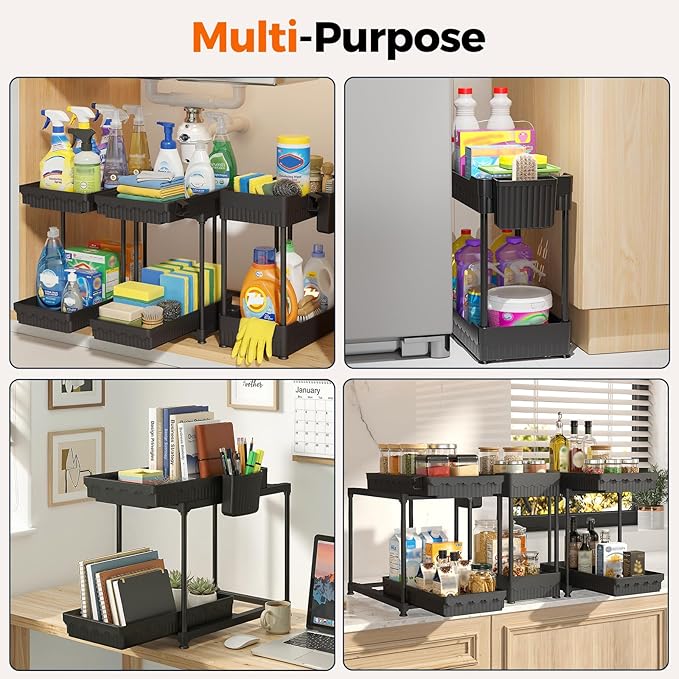 Sevenblue 3 Pack Under Sink Organizer, 2 Tier Pull Out Bathroom Cabinet Organizer, Multi-Purpose Storage Shelf for Kitchen (2-Tier Sliding, 14.8 Inch)