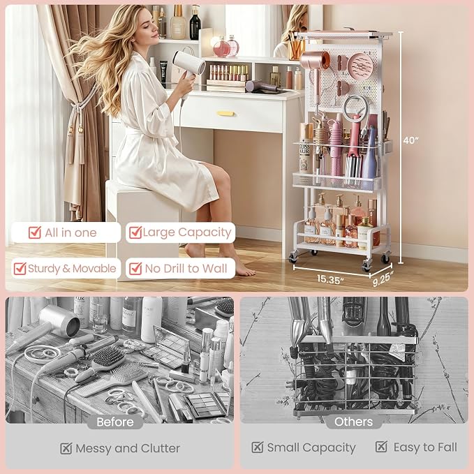 Hair Tool Organizer Cart with Hair Dryer Holder, Narrow Bathroom Storage Cart for Curling Flat Iron & Hot Tools, Slim Hair Appliance Organizer for Vanity Styling Tools, Salon Cart with Tray on Wheels