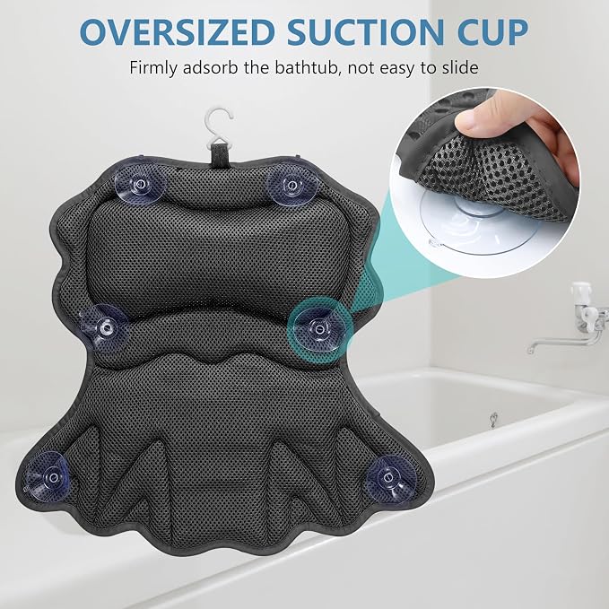 SetSail Bath Pillow, Relaxing Bath Pillows for Tub Neck and Back Support Soft 4D Breathable Air Mesh Ergonomic Bathtub Pillow with 6 Strong Suction Cups and Hook Luxury Bathroom Accessories,Black
