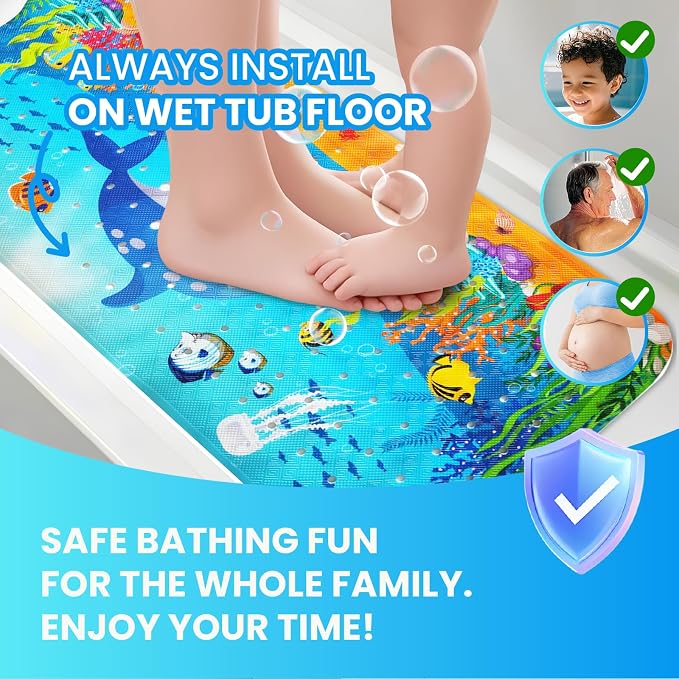 Baby Bath Tub Mat, 40 x 16 Inch Extra Large Non Slip Kids Cartoon Bathtub Shower Mats with Suction Cups & Drain Holes, Machine Washable for Bathroom, Undersea Dolphin
