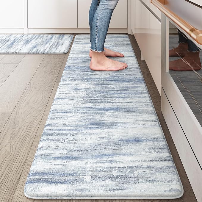 KIMODE Kitchen Mats for Floor, Abstract Kitchen Rugs Sets of 2, Anti Fatigue Mats for Kitchen Floor, Cushioned Comfort Kitchen Floor Mats for Sink Laundry Desk Multi-Blue 17"x59"+17"x29"