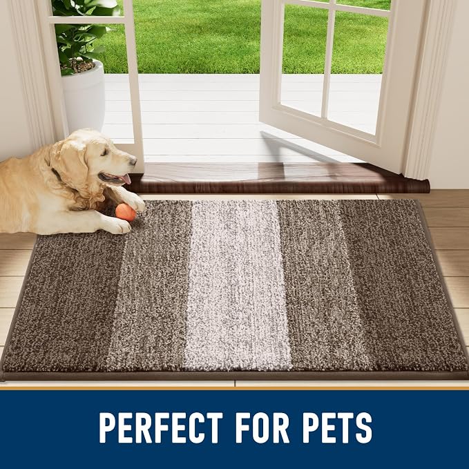 Smiry Dog Door Mat for Muddy Paws, Absorbs Moisture and Dirt, Low-Profile Entryway Mat with Non-Slip Backing, Entry Indoor Outdoor Doormat for Inside Floor (30x20 Inches, Light Brown, Striped)
