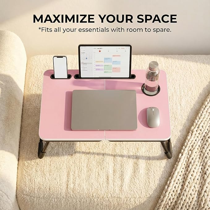 BUYIFY Foldable Laptop Bed Desk for Couch, Sofa - Large Lap Desk Tray Table with Cup Holder and Tablet Slot - Portable Notebook Stand for Eating, Writing, Studying and WFH (Pink)-USA Original Patent