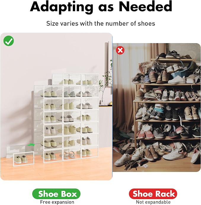 Foluck Shoe Storage Box, 15 Pack Clear Plastic Stackable Organizer for Closet, Interlocking Design Shoes Container Bins for Sneakers, Foldable Shoe Rack with Lids, White