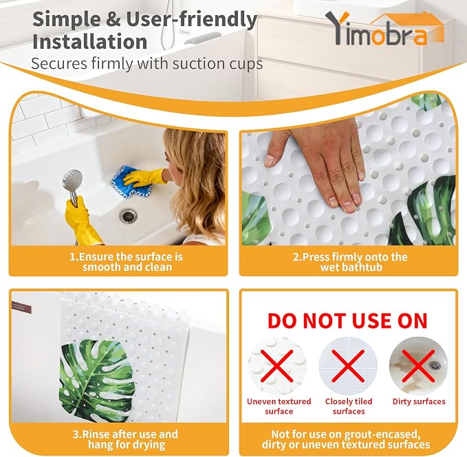 Yimobra Non Slip Bathtub Mat 40 x 16 Inch, Extra Long Shower Mat with Drain Holes, Machine Washable Baby Bath Mats, Strong Suction Cups for Bathroom Floor, Monstera