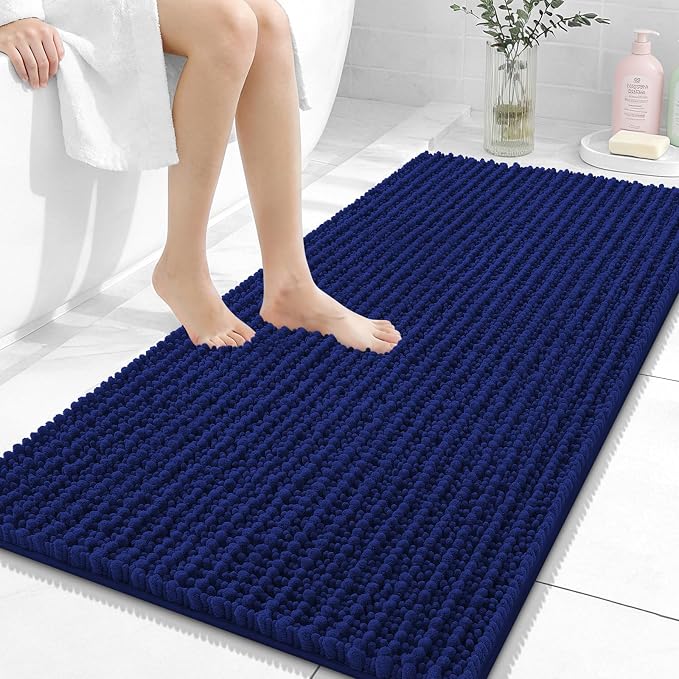 OLANLY Long Bathroom Rugs Runner 47x24, Thick Soft and Absorbent Chenille Bath Mat, Non-Slip, Machine Washable Quick Dry Bath Rugs for Tub Shower Floor, Home Decor Accessories, Navy Blue