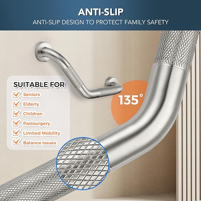 Grab Bars for Bathtubs and Showers- 1-1/4 x 16 Angled Shower Grab Bar for Seniors Knurled Stainless Steel Handicap Grab Bars for Wall (Brushed Nickel, 1 Pack)