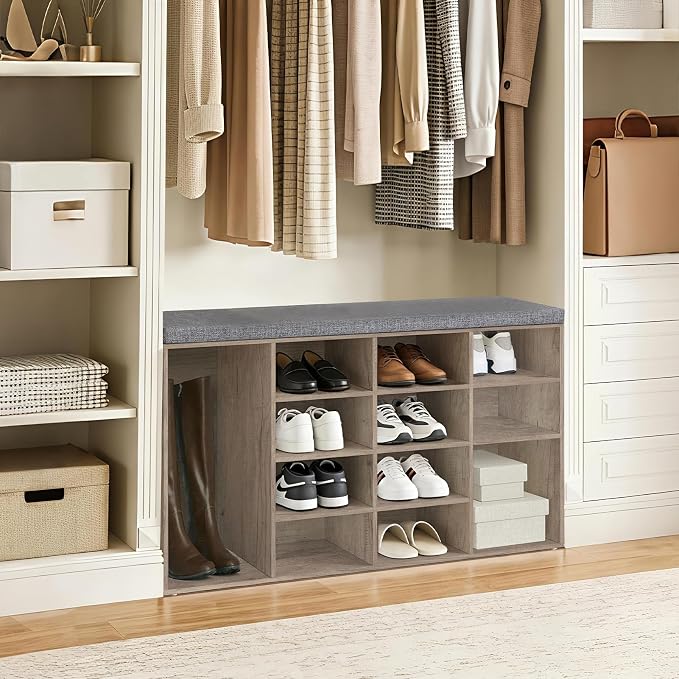 DINZI LVJ Shoe Storage Bench with Cushion, 16-Cubby Shoe Rack, Adjustable Shelves, Multifunctional Shoe Organizer Bench for Entryway, Mudroom, Hallway, Living Room, Bedroom and Garage, Greige