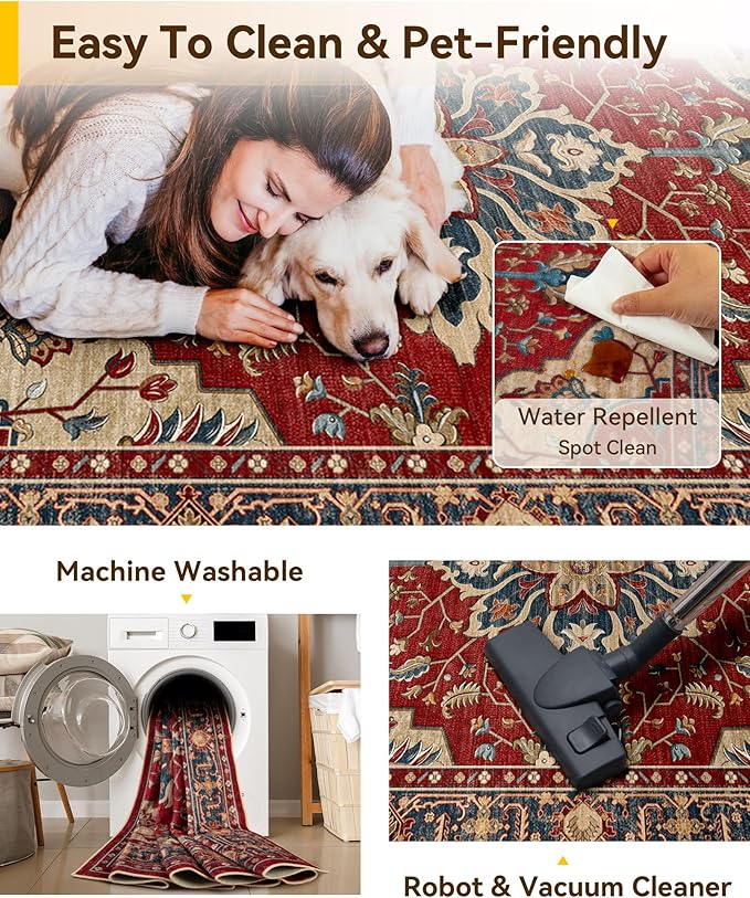 RELEANY Area Rugs 6'x8' Washable Non-Slip, Floral Vintage Distress Medallion Carpet for Living Room Bedroom Dining Room, Red Blue