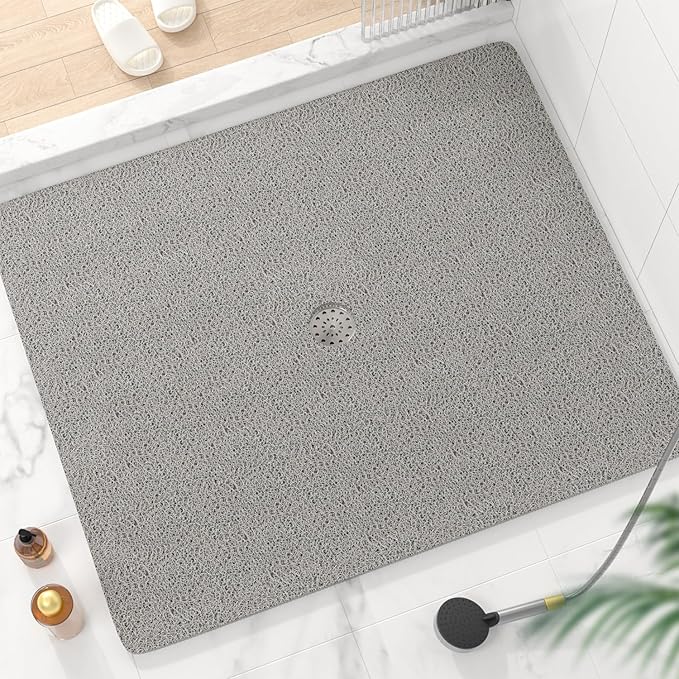 HITSLAM Square Shower Mat, 47 x 40 Inch Non Slip Bath Mat for Tub, Soft PVC Loofah Bathtub Mats with Drain Holes, Quick Drying Bathroom Stall Floor Mat, Bathroom Accessories Without Suction Cup, Grey