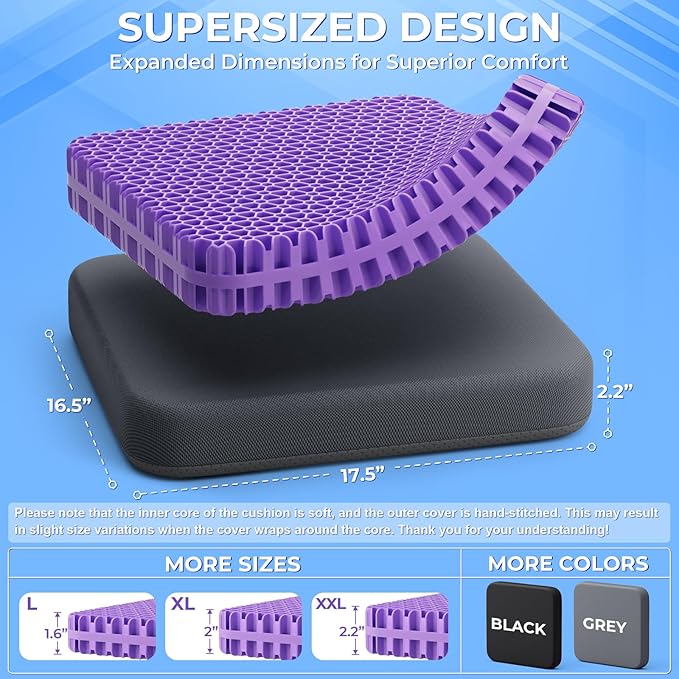 TushGuard Gel Seat Cushion for Long Sitting, Enlarged & Thickened Patent Design, Breathable Cooling for Office Chair, Soft Car Seat Cushion for Wheelchair (2.2" Thick, Black)
