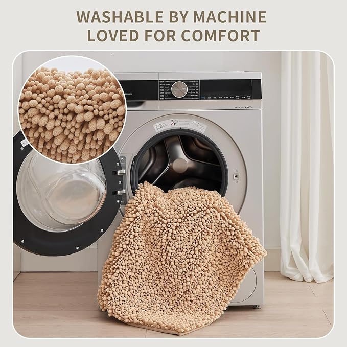 Bathroom Rugs Non Slip Washable, Extra Thick Soft Chenille Absorbent Bath Mat, High Density Barrier Non Slip Backing, Quick Dry Plush Shaggy Floor Carpet for Tub&Shower 24x17, Beige
