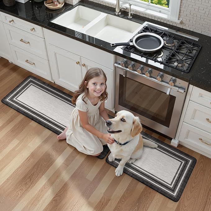 KIMODE Anti Fatigue Kitchen Mat for Floor 2PC,Kitchen Rugs Non Slip Rubber Backing,Waterproof Farmhouse Kitchen Floor Mat,Cushioned Standing Mat for Home Decor,Office,Laundry,Sink,Desk,Black and Grey