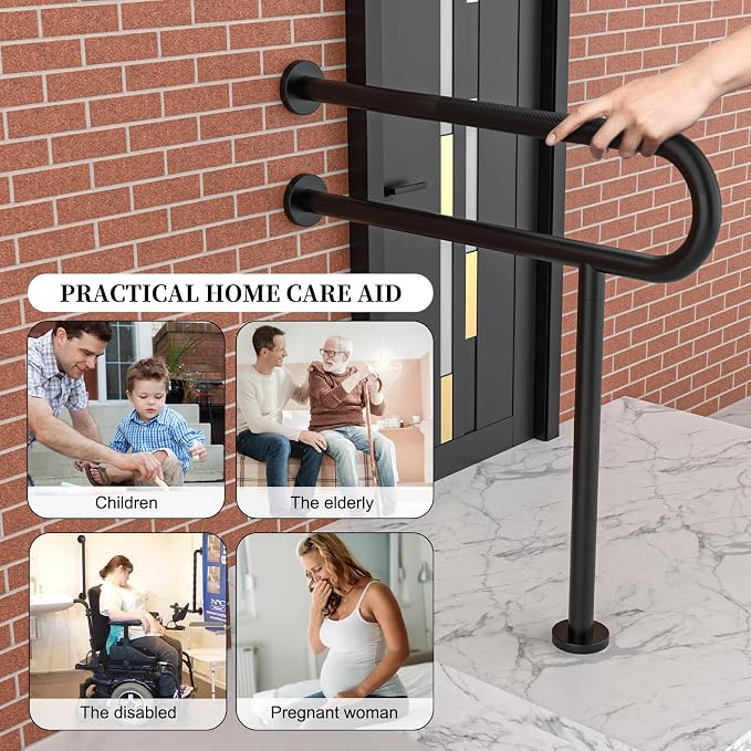 Toilet Support Rail 32 Inch, Munzong Anti-Slip Black Handicap Grab Bar for Bathroom, Stainless Steel Knurled Safety handrails with Leg for Elderly Disabled Pregnant-1.25’Tube