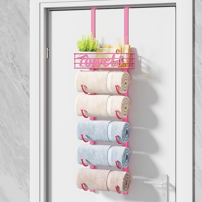 HapiRm Towel Racks for Bathroom Storage - 6 Tier Over The Door & Wall Mount Rolled Towel Storage Organizer Holder with Metal Shelf Basket for Small Bathroom, Camper, Rv - Pink, Patented