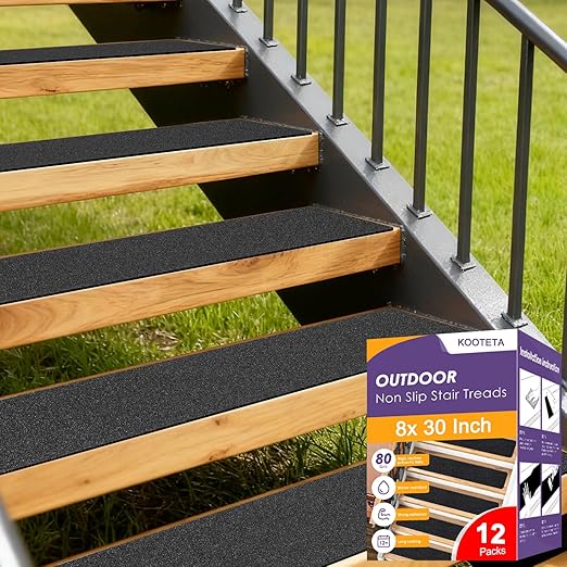 Outdoor Stair Treads for Wooden Steps Non Slip,KOOTETA 12 Pack 8" x 30"Anti Slip Tape for Stairs,Waterproof Weather Resistant Grip Tape,80-Grit High Traction Adhesive Non Slip Stair Treads,Black