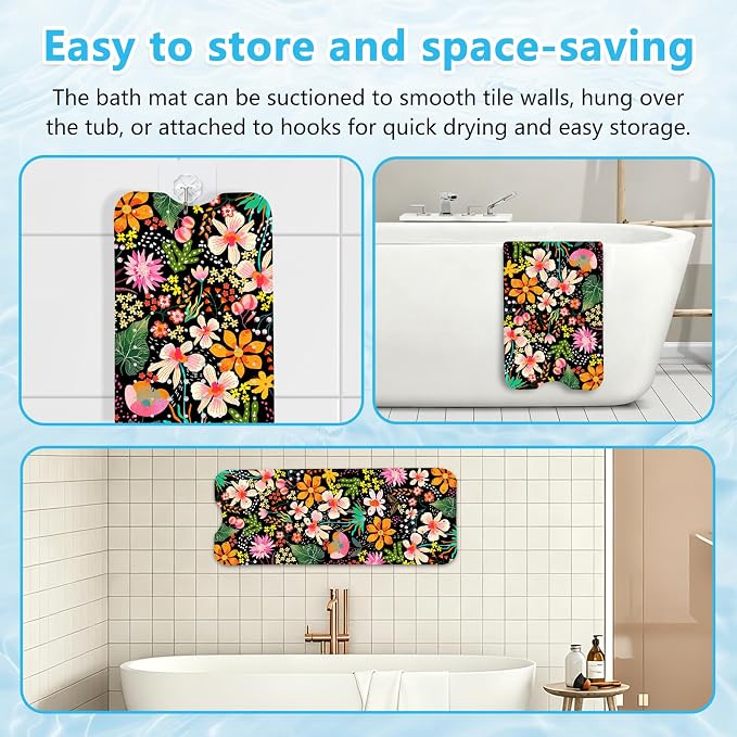 Bath Mat for Tub Non Slip, Floral Aesthetic Bathtub Mats for Girls Non Slip Shower Mat， Machine Washable 40"x16" Flower Tub Mats with Suction Cups and Drain Holes for Women Tropical Bathroom Decor
