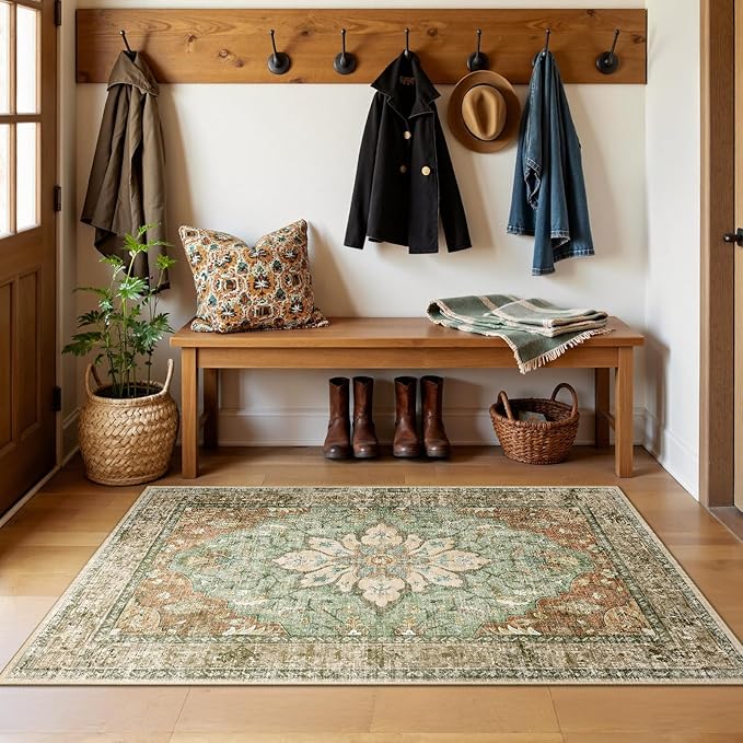 RELEANY Area Rugs 3'x5' Washable Non-Slip, Floral Vintage Distress Medallion Carpet for Living Room Bedroom Dining Room, Terracotta Burnt Orange Green