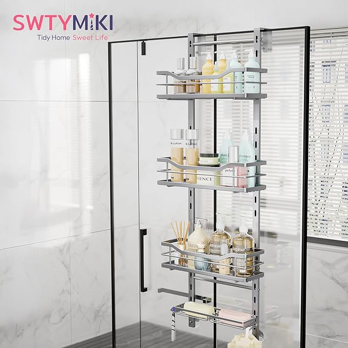 SWTYMIKI Over the Door Shower Caddy - 4 Tier Adjustable Shower Organizer Hanging with Soap Holder, No Drilling Stainless Steel Bathroom Rack Hanging for Body Wash, Shampoo, Soap, Razor, Silver