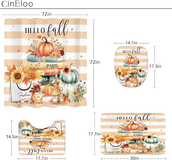 4Pcs Fall Autumn Shower Curtain Set, Pumpkin Sunflower Maple Leaf Bathroom Curtain with Rug, Toilet Lid Cover, Bath Mat, Burnt Orange Brown High Heels Books Shower Curtain with 12 Hooks