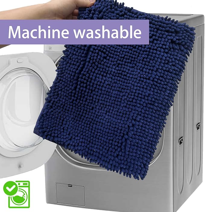 Indigo Blue Bathroom Rugs Non Slip Washable 3 Piece Extra Absorbent Shaggy Chenille and Mats Sets, Soft & Dry Bath Rug/Mat Sets for Carpets Set
