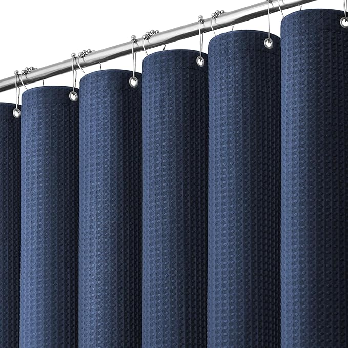 Dynamene Thick Fabric Shower Curtains for Bathroom - Waffle Weave Heavy Duty, 256GSM Hotel Spa Luxury Weighted Polyester Cloth Bath Curtain Set with 12 Plastic Hooks,72x72, Navy Blue