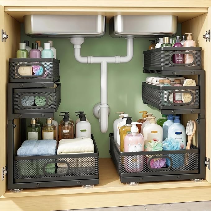 Under Sink Organizer, 2-Pack 3-tier Under Sink Storage Organizer Adjustable Height Easy Assembly Pull Out Cabinet Organizers Basket for Bathroom Kitchen Pantry Home Organization