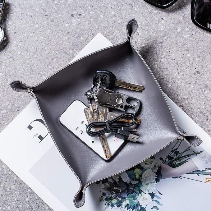 Leather Jewelry Valet Tray for Women and Man, Portable Entryway Table Tray Bedside Nightstand Desk Tray Small Catchall Travel Dish Plate for Key,Wallet,Watch,Coin (Deep Grey-B)