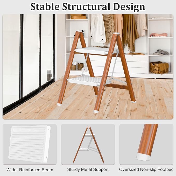 DIAMONDFORGE 2 Step Ladder, Lightweight Folding Step with Wide Anti-Slip Pedal & Feet, 330 lbs Capacity,Sturdy Steel Step Ladder for Home,Office and Library,Light Woodgrain