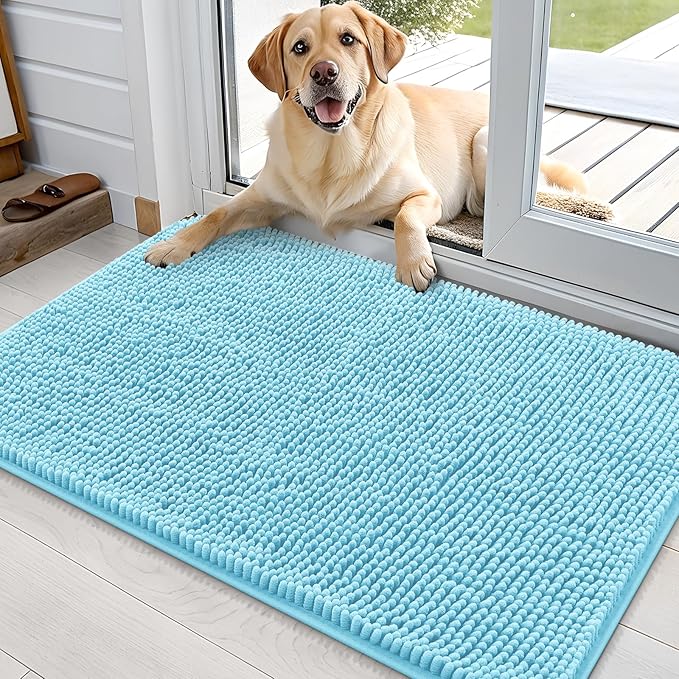 OLANLY Dog Door Mat for Muddy Paws 35x24, Absorbs Moisture and Dirt, Absorbent Non-Slip Washable Doormat, Quick Dry Chenille Mud Mat for Dogs, Entry Indoor Entryway Carpet for Inside Floor, Blue